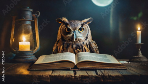Owl sitting behind an opened book lying on wooden table
