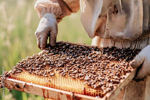 a beekeeper collecting honey on a honeycomb of bees