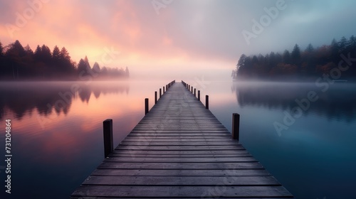 Misty Morning Scene of a Wooden Pier Leading into a Calm Lake, Capturing the Serenity and Beauty of Dawn photo