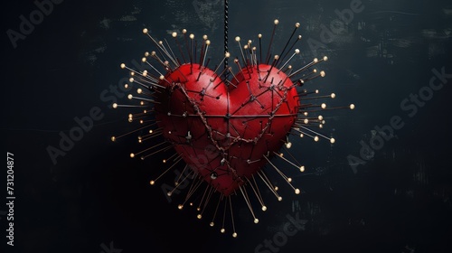 Pierced Red Heart with Pins and Needles, Symbolizing Heartbreak and Emotional Pain photo
