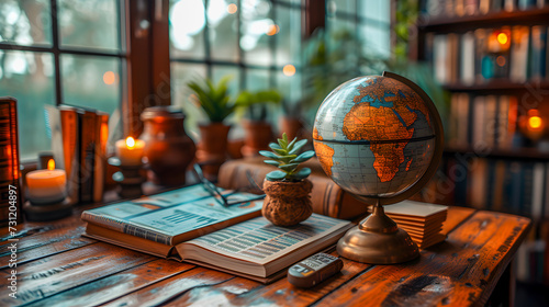 A warm and inviting home study scene with a vintage globe, books, and candles.
 photo
