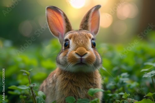 A curious domestic rabbit stands in the lush green grass, blending in with its wild cousins, the audubon's cottontail, mountain cottontail, eastern cottontail, snowshoe hare, and brown hare, creating © familymedia