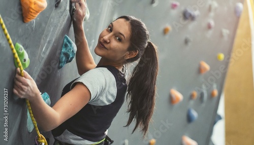  athletic girl in sportswear climbs a climbing wall with belay