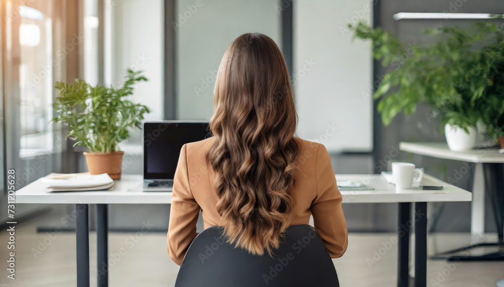 woman with long hair sits confidently in office chair, symbolizing business success and female empowerment woman with long hair sits confidently in office chair, symbolizing business success and female empowerment