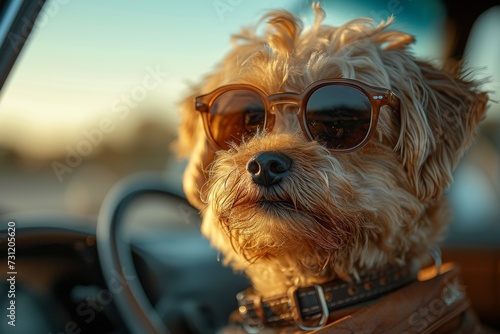 A stylish terrier struts outdoors, donning sunglasses and a leather jacket, proving that even pets can have a cool and edgy fashion sense © familymedia