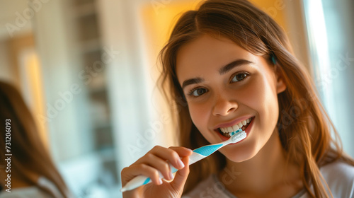 A young woman stands in front of a bathroom mirror with a toothbrush in her hand  brushing her teeth with gentle and efficient movements  Ai Generated images