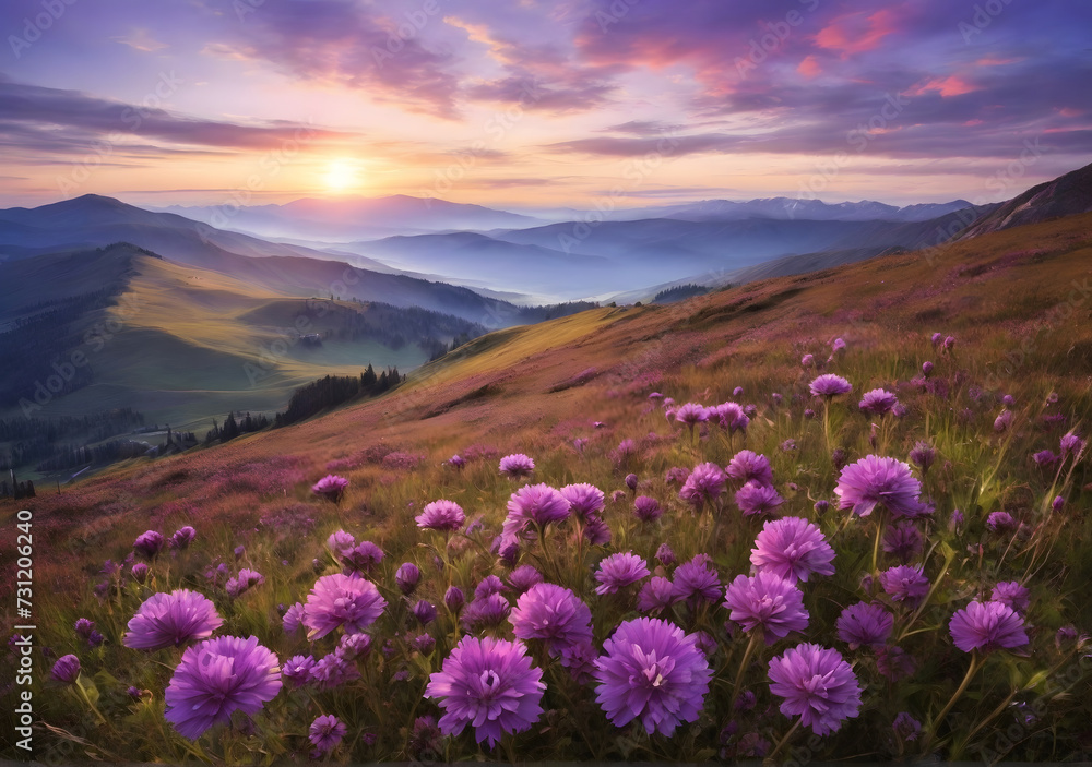 Purple flowers on a mountain meadow, view over mountains into the valley sunrise Purple flowers on a mountain meadow, view over mountains into the valley sunrise