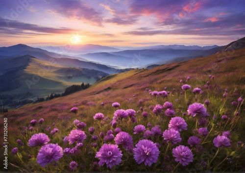Purple flowers on a mountain meadow, view over mountains into the valley sunrise
