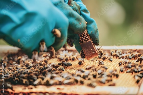 a beekeeper collecting honey on a honeycomb of bees