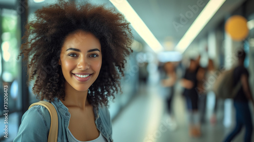 A woman with afro hair walks down the office hallway, a relaxed and friendly atmosphere is felt in the office environment, AI Generated Images