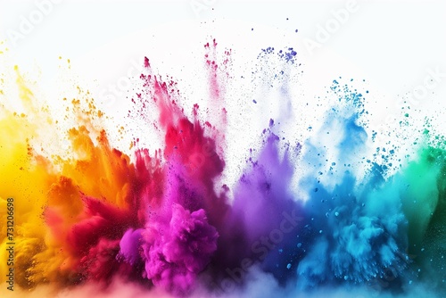 Vibrant splashes of multicolored powder paints on a white background.