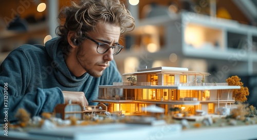 A contemplative man studies the intricacies of a model house, his glasses perched on his face as he imagines the potential of the structure before him photo
