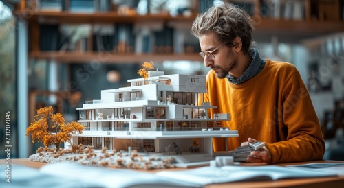 A sharply dressed man studies a miniature replica of a grand building with intense focus and determination, his hand resting on the table as he envisions the future possibilities