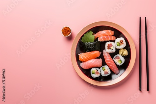 gourmet japanese food view from above on pastel background
