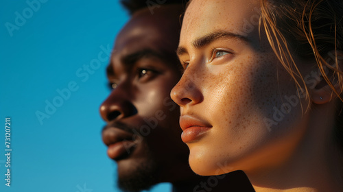 The image of two people, one black and one white, standing side by side with serious faces symbolizes tolerance and unity between differences, Ai Generated Images