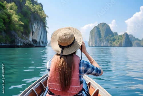 woman traveling with Thai taxi boat and photographing © Salsabila Ariadina