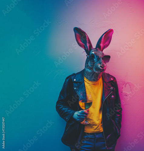 Fashionable easter rabbit holding a glass of wine and posing against purple blue gradient wall.