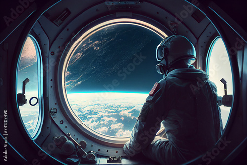 Astronaut looking out from the spaceship window in the space with galaxy background. Si-Fi astronaut digital art. This image elements furnished by NASA. photo