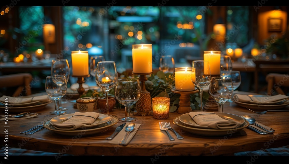 A sophisticated table setting, complete with sparkling wine glasses, flickering candles, and elegant serveware, creates a romantic ambiance for a cozy indoor dining experience