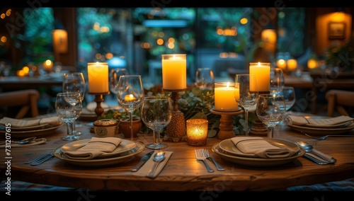 A sophisticated table setting  complete with sparkling wine glasses  flickering candles  and elegant serveware  creates a romantic ambiance for a cozy indoor dining experience