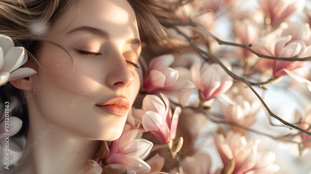 A stunning young woman standing against a backdrop of delicate spring magnolia flowers