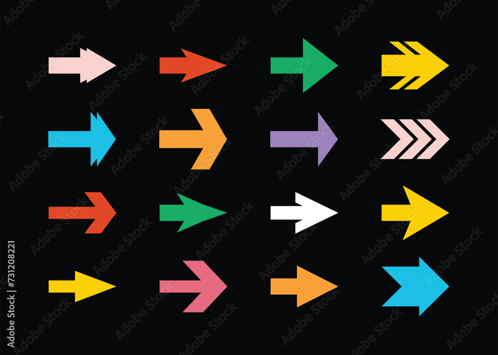 Trendy colorful isolated pointy sharp edge direction arrows icons design element set with different shapes on black background Trendy colorful isolated pointy sharp edge direction arrows icons design element set with different shapes on black background