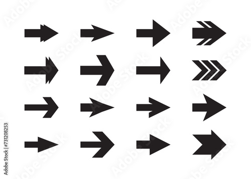 Black silhouette and isolated pointy sharp edge direction arrows icons design element set with different shapes on white background