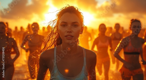 As the sky turns fiery at sunset, a woman stands on the beach in a tank top, her human face illuminated by the warm glow of the sun, embracing the heat and freedom of the outdoors in her comfortable 