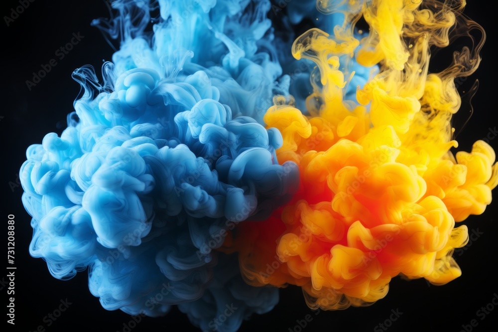 Obraz premium Abstract yellow blue Smoke on solid black Background. Abstract flowing steam of air humidifier with swirl