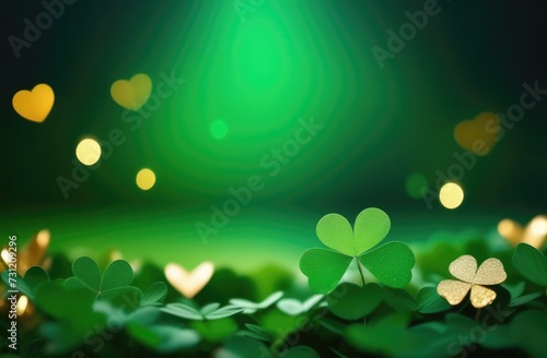 St. Patrick's Day, abstract green background, background with clover leaves, golden glow, place for text, golden flashes, bokeh effect, Irish shamrock, magic and luck, silver hearts