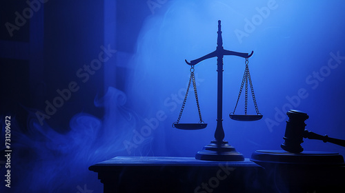 Design an image that abstractly represents the concept of legal balance and judgment, featuring a minimalist scale set against a deep blue background The scale\'s pans hold symbolic items a feat