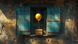 A vibrant yellow balloon dances in the soft outdoor lighting, tethered to a string and hovering above a mysterious box placed in front of a blue window on the bustling city street