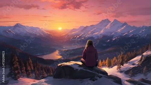 Anonymous woman watching the sunset on the snowy mountain