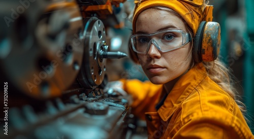 A focused woman, equipped with protective gear, gazes confidently at the camera, her determination shining through her goggles and glasses
