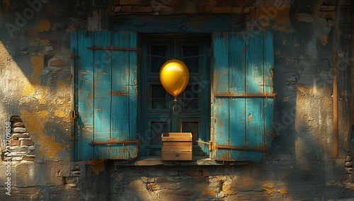 A vibrant yellow balloon dances in the soft outdoor lighting, tethered to a string and hovering above a mysterious box placed in front of a blue window on the bustling city street