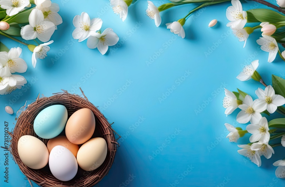 Multicolored hand painted decorated Easter eggs with spring blossom flowers over blue background. Easter celebration concept. Happy Easter background.