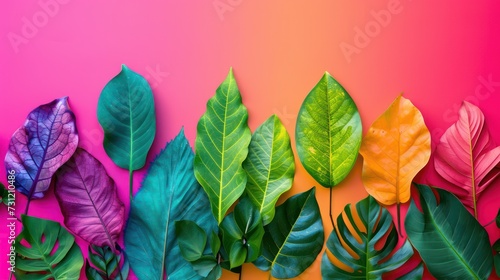 A creative layout featuring fluorescent colors made of tropical leaves, arranged in a flat lay style, emphasizing neon hues and nature concepts.