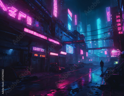 Cyberpunk landscape of city streets with neon light. Image generated by artificial intelligence  ai. The concept of retro futurism  high technology and low standard of living.