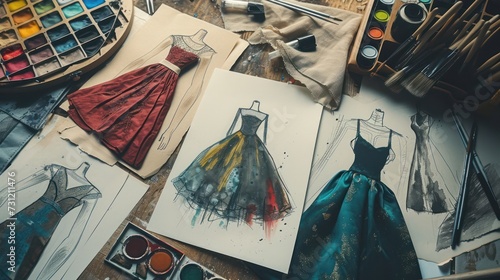 illustration from above of various fashion dresses sketches near fabric swatches and palette in workshop photo