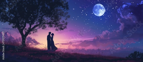Illustration silhouettes of couple hugging and kissing each other in the night scene. AI generated