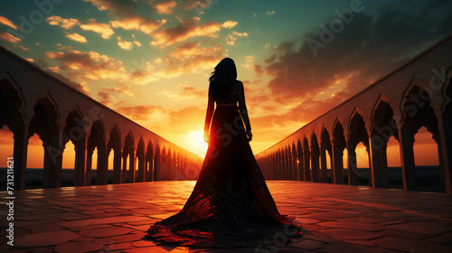 Silhouette of a Persian woman in national dress against the background of traditional Iranian architecture. Sunset  photo