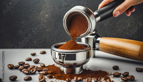 Freshly ground coffee pours into a portafilter, highlighting the art of espresso-making