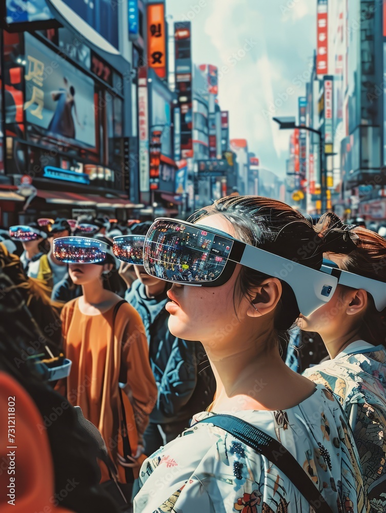 Diverse group of people wearing augmented reality glasses, wearing augmented reality goggles, interacting seamlessly with holographic AI interfaces in a bustling city square. 