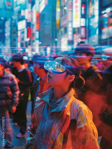 Diverse group of people wearing augmented reality glasses, wearing augmented reality goggles, interacting seamlessly with holographic AI interfaces in a bustling city square. 