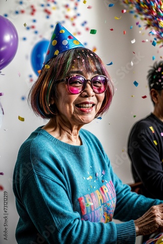 An ecstatic elderly lady with colorful birthday balloons and confetti