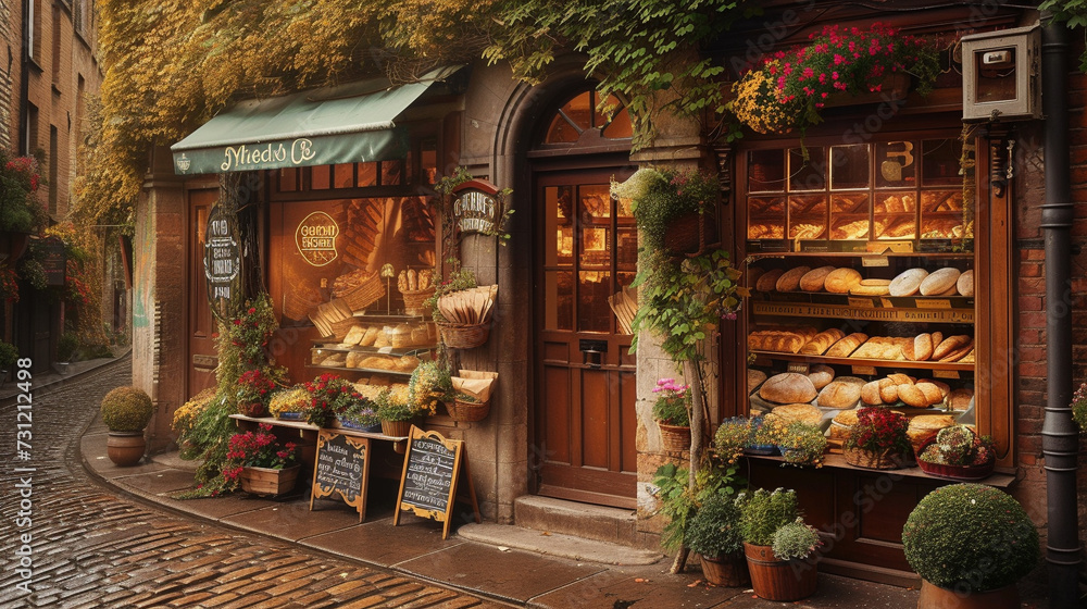 visualize a quaint English bakery nestled on a cobblestone street, its