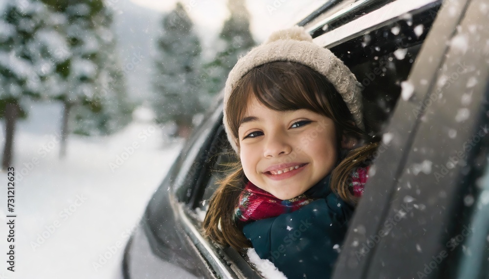 Joyful child with head out of a moving car window Joyful child with head out of a moving car window