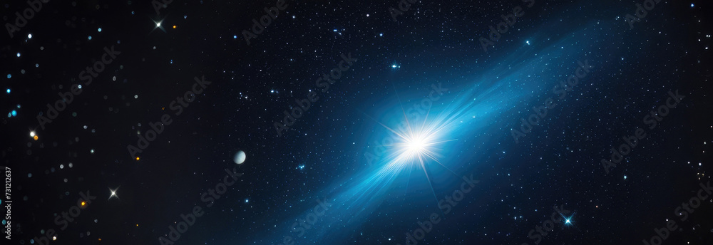 Aviation and Cosmonautics Day, International Day of Human Spaceflight, bright flash in space, stars and comets, galaxy and Milky Way, horizontal banner - obrazy, fototapety, plakaty 