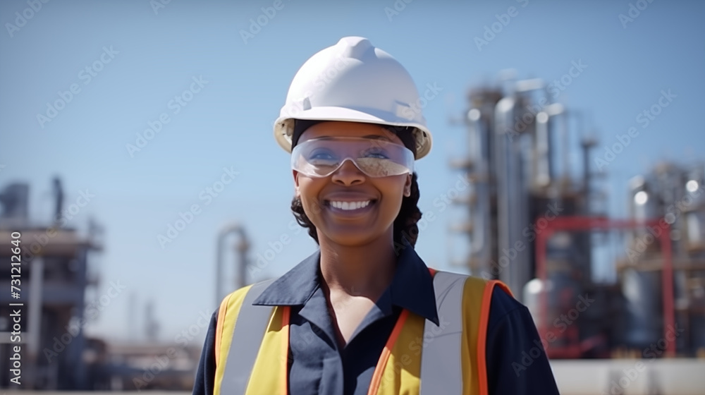 Portrait of happy female engineer at oil refinery wearing construction helmet and vest Portrait of happy female engineer at oil refinery wearing construction helmet and vest