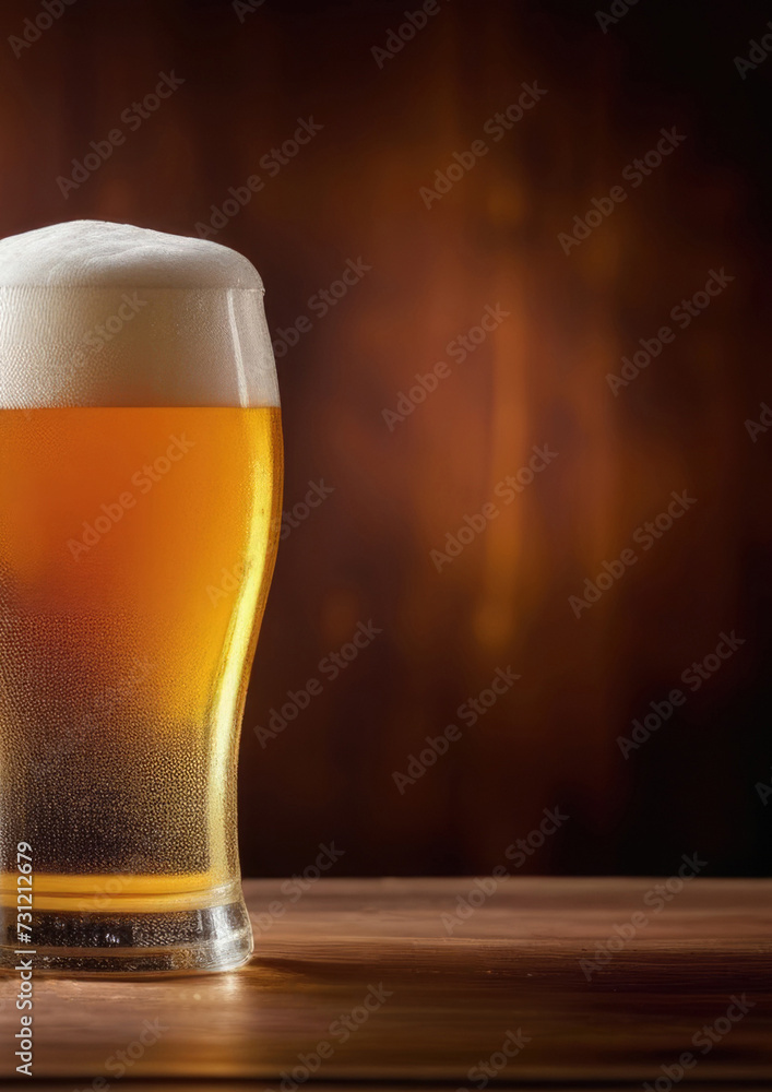 National beer day, world bartender's day, foamy drink on the bar, glass of beer, dark wooden background, vertical banner, place for text